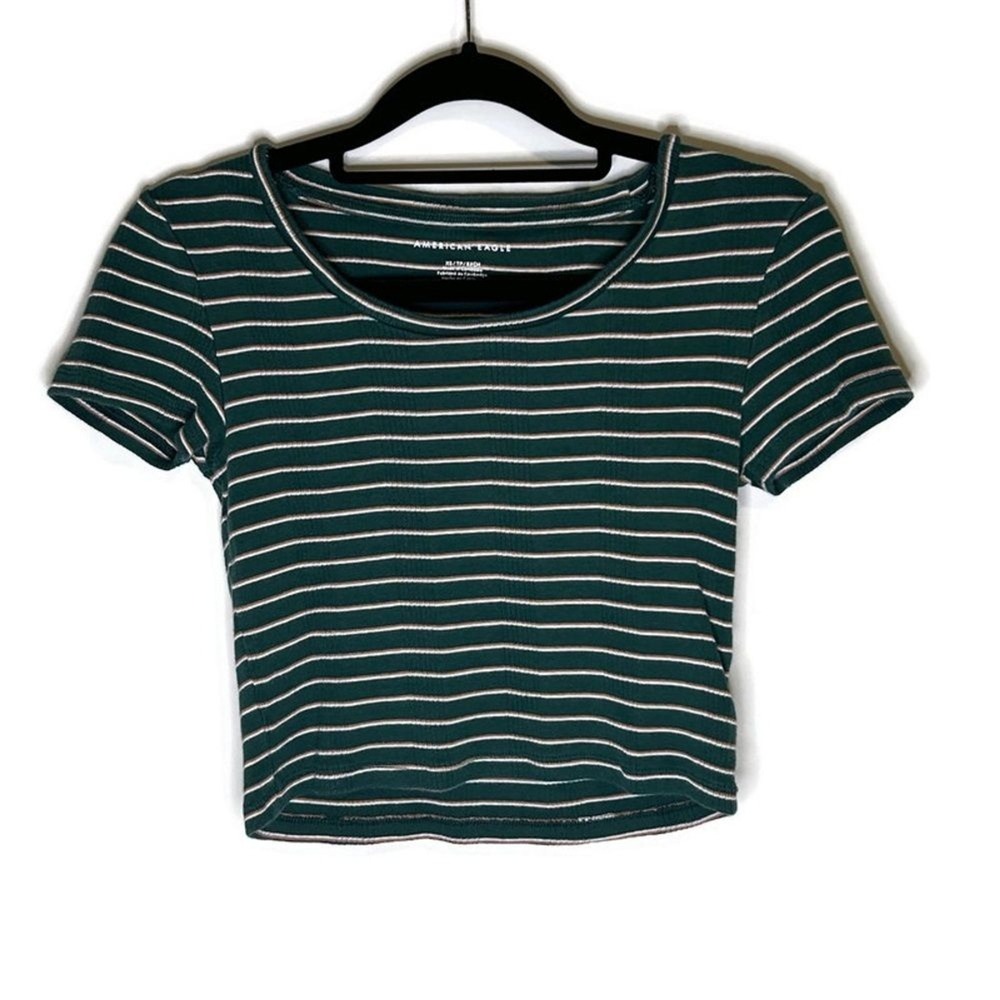 American Eagle Womens XS Striped Ribbed Crop Top Short Sleeve Green Scoop Neck
